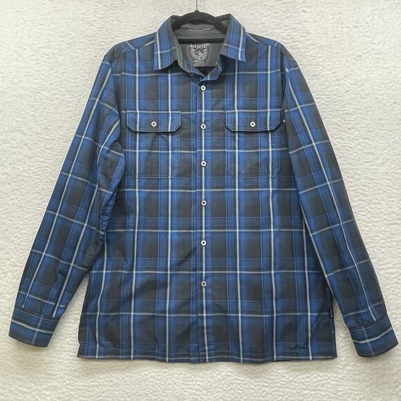 Kuhl Shirt Mens Medium Blue Button Down Eluxor Plaid Outdoor Hiking Lumberjack - Picture 1 of 11
